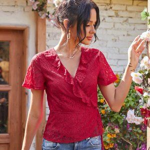 Ruffle Trim Knot Side Wrap Lace Blouse